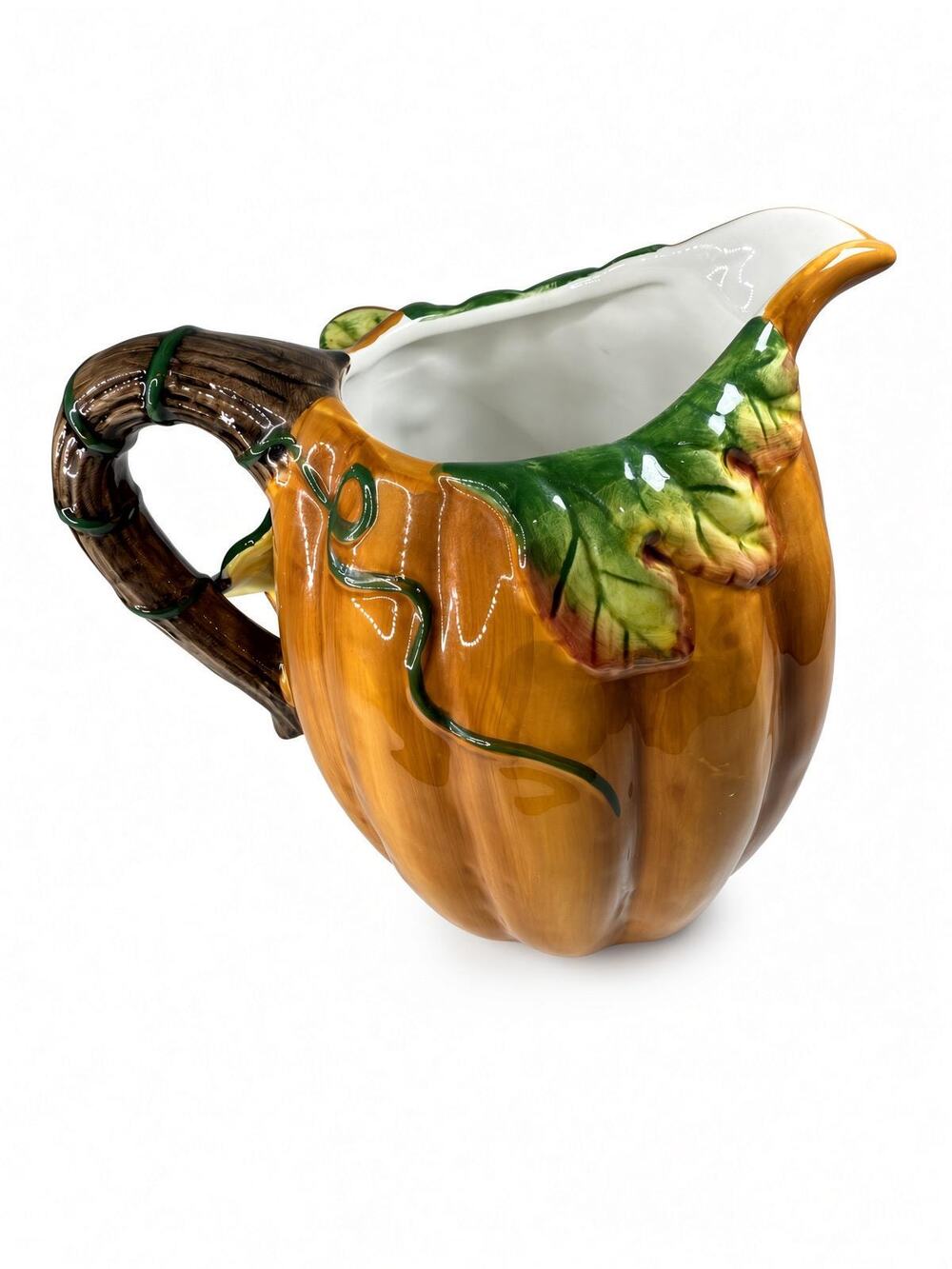 Vintage Mervyn's Pumpkin Pitcher, Majolica Style Ceramic Jug, Fall Harvest 2001